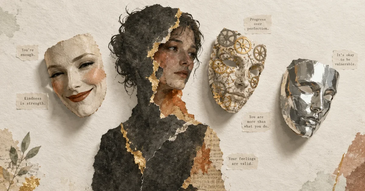 Mixed-media collage of a woman's portrait surrounded by three decorative masks and motivational paper slips.