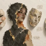 Mixed-media collage of a woman's portrait surrounded by three decorative masks and motivational paper slips.