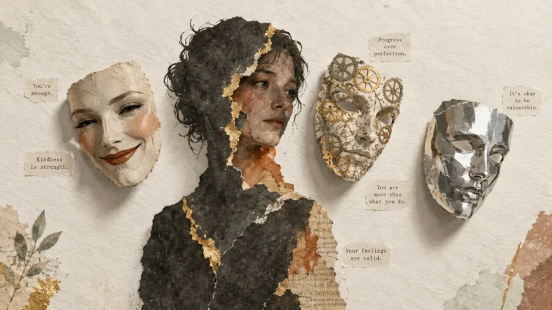 Mixed-media collage of a woman's portrait surrounded by three decorative masks and motivational paper slips.