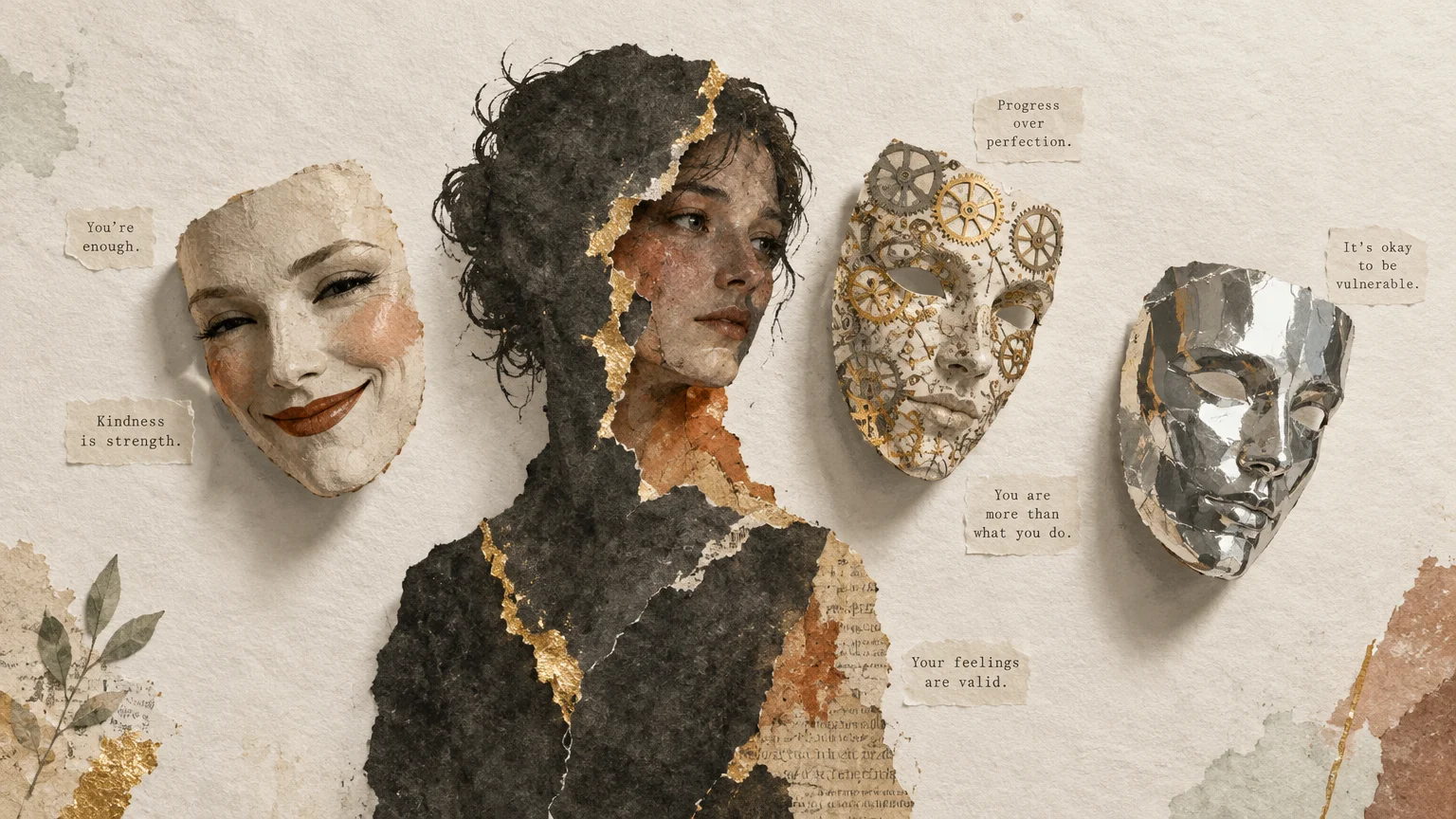 Mixed-media collage of a woman's portrait surrounded by three decorative masks and motivational paper slips.