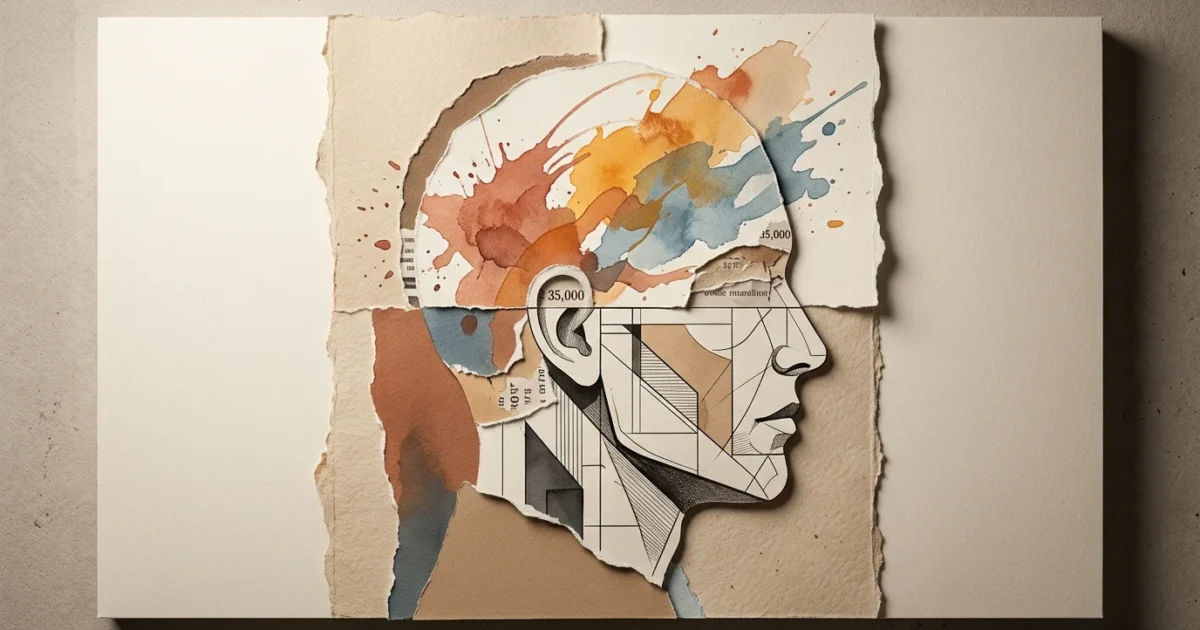 Mixed-media collage of a human profile featuring torn paper, geometric line art, and colorful watercolor splatters.