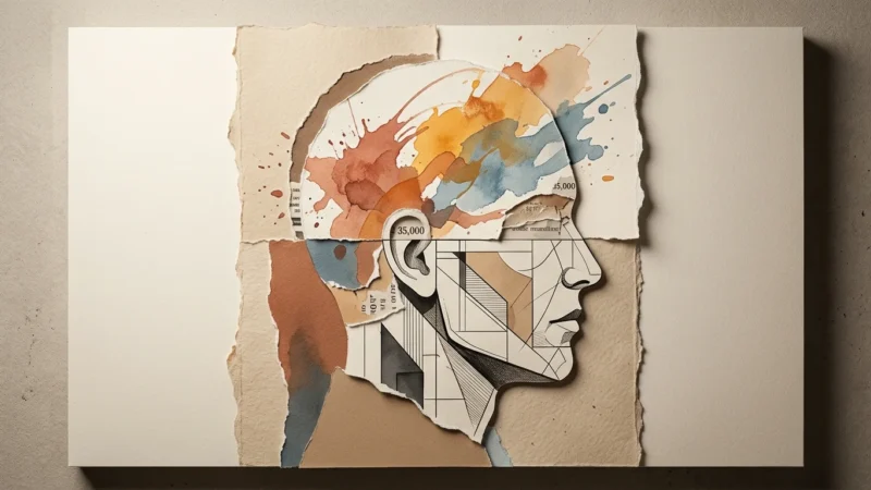 Mixed-media collage of a human profile featuring torn paper, geometric line art, and colorful watercolor splatters.