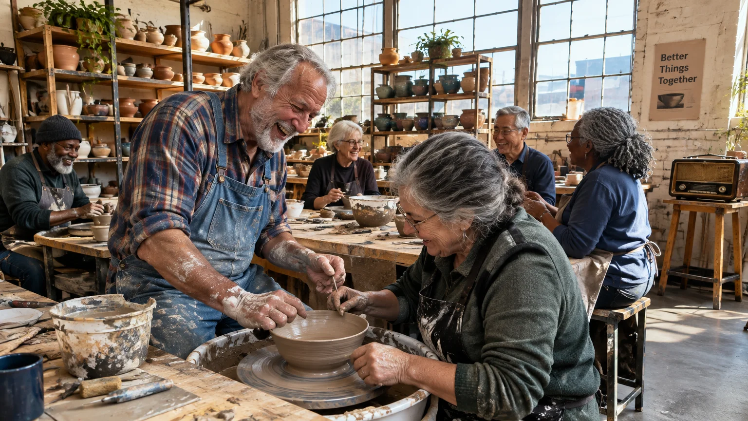 Older adults smiling and shaping clay bowls on pottery wheels together in a sunlit art studio.