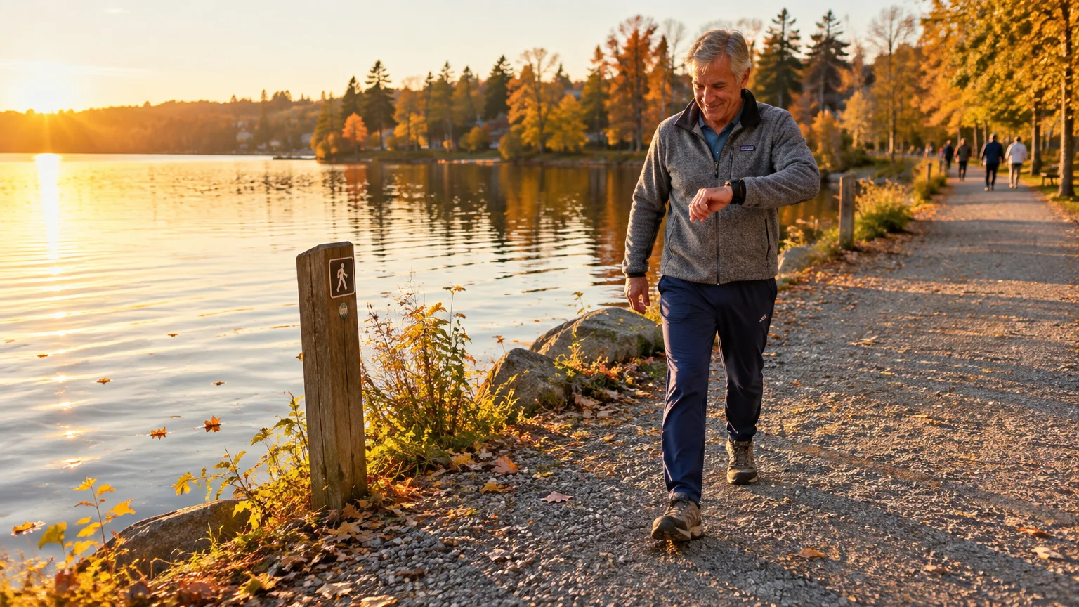 A smiling senior man checks his smartwatch while walking along a lakeside gravel trail lined with autumn trees at sunset.