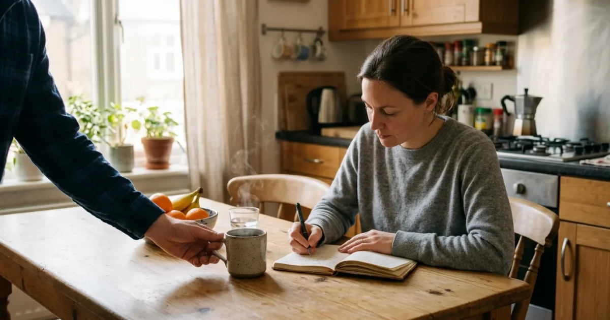 A person hands a steaming mug of coffee to a woman writing in a notebook at a wooden kitchen table.