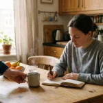 A person hands a steaming mug of coffee to a woman writing in a notebook at a wooden kitchen table.