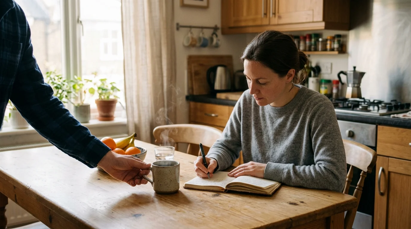 A person hands a steaming mug of coffee to a woman writing in a notebook at a wooden kitchen table.