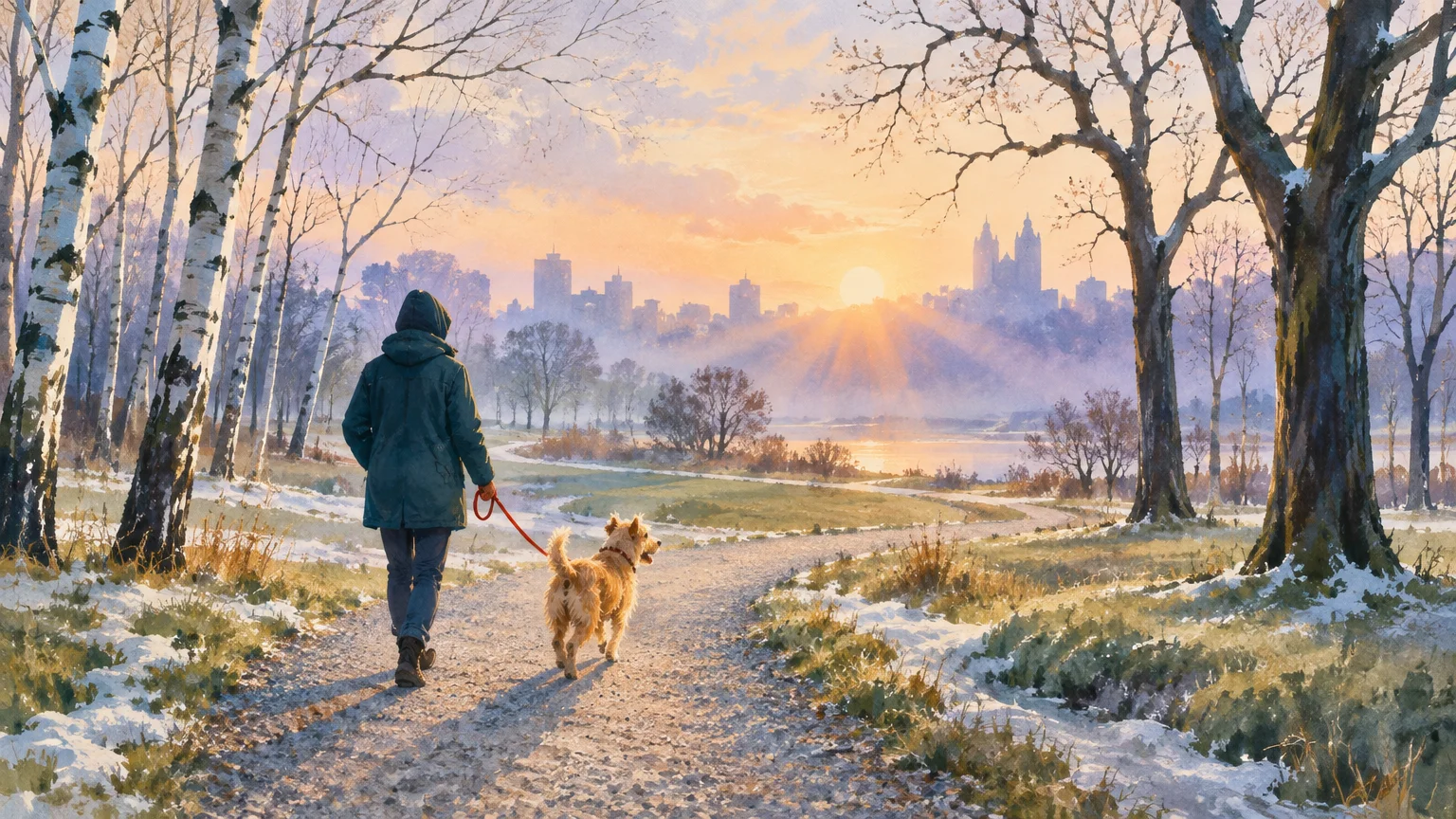 Watercolor illustration of a hooded person walking a dog along a snow-dusted path toward a rising sun over a city.