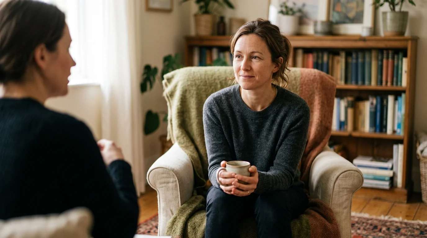 A woman sits in an armchair holding a mug while listening attentively to another person in a cozy room with bookshelves.