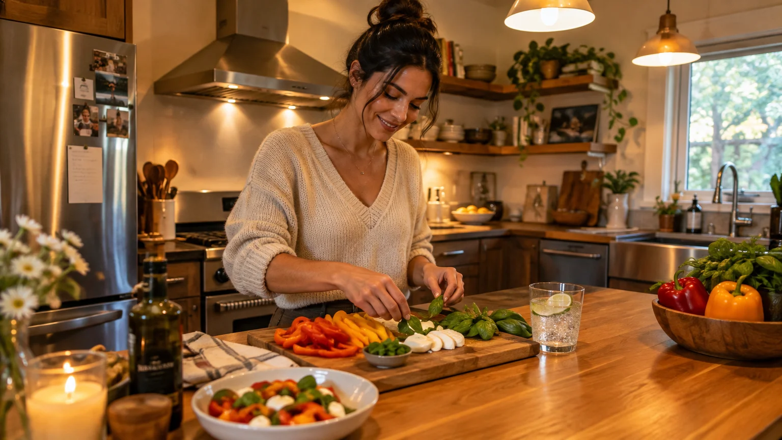 Smiling woman preparing sliced bell peppers and fresh basil on a wooden kitchen island counter.