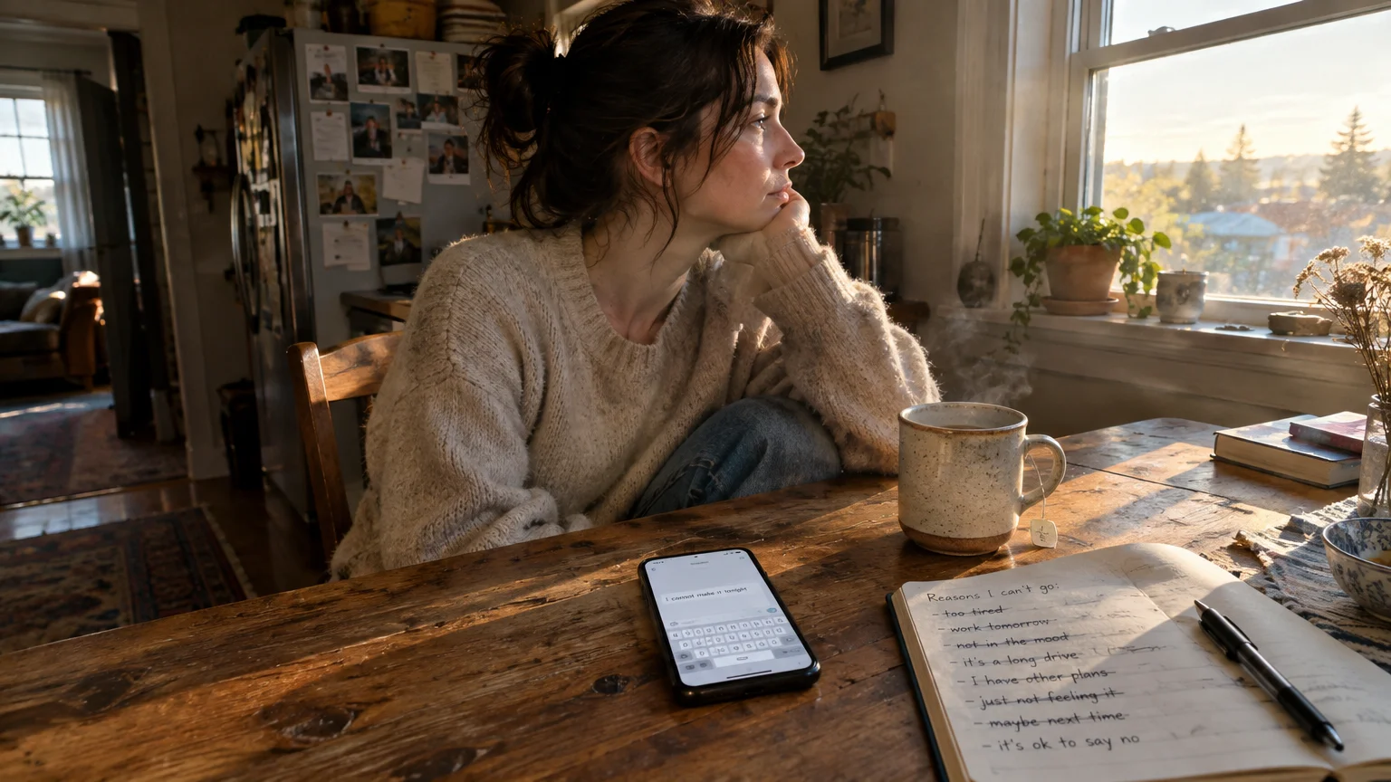 A woman sitting at a rustic table looking out a window, beside a phone and a notebook listing reasons she cannot go.