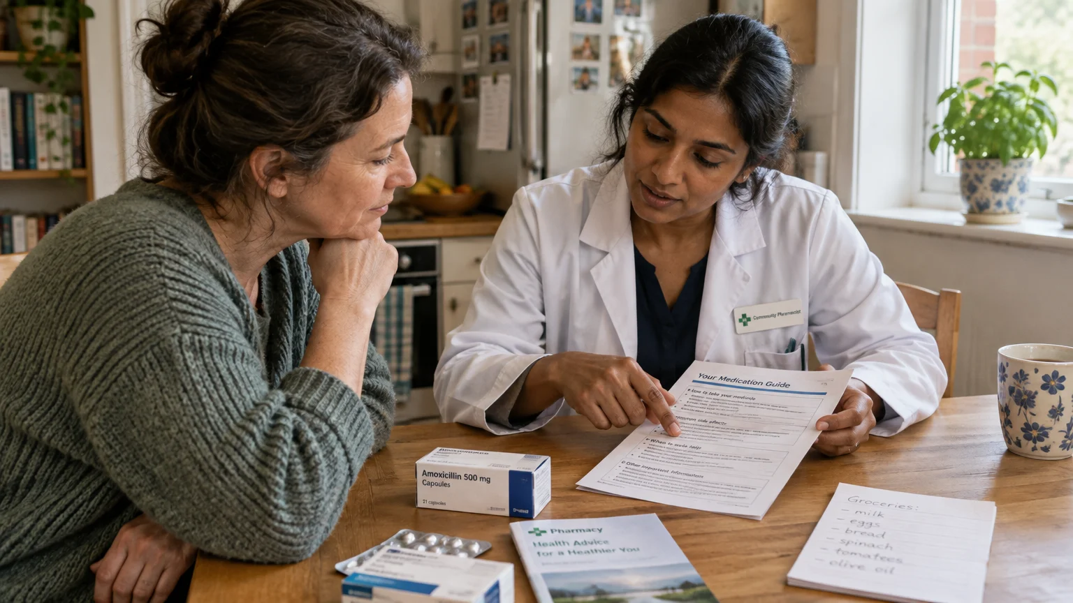 A pharmacist in a white coat explains a medication guide to a woman at a table with medicine boxes and a grocery list.