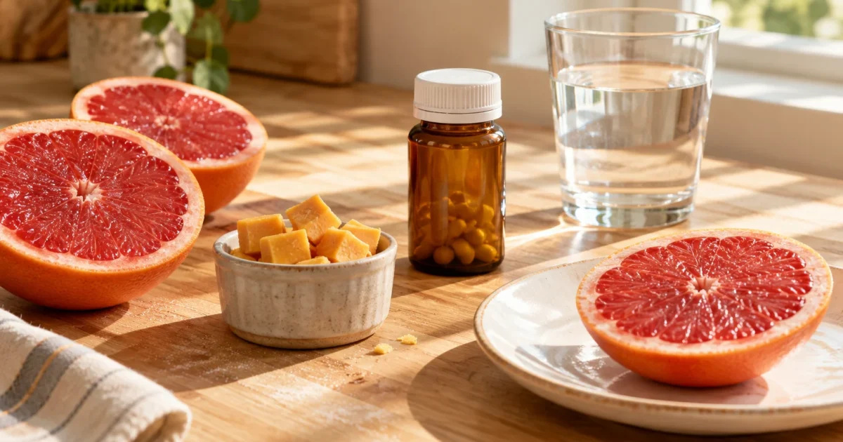 Halved grapefruits, cubed cheese in a bowl, a brown pill bottle, and a glass of water on a sunlit wooden table.