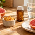 Halved grapefruits, cubed cheese in a bowl, a brown pill bottle, and a glass of water on a sunlit wooden table.