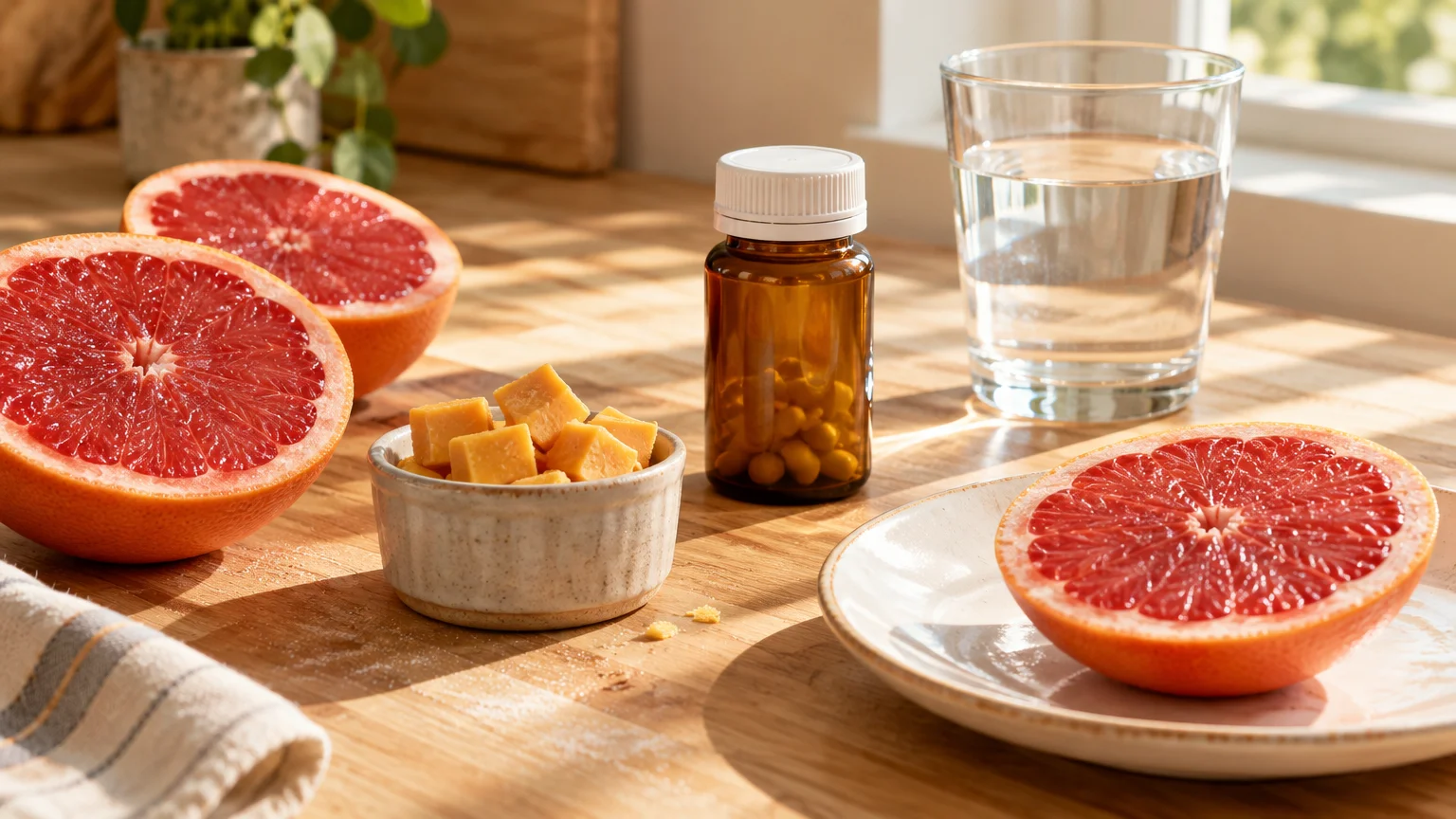 Halved grapefruits, cubed cheese in a bowl, a brown pill bottle, and a glass of water on a sunlit wooden table.