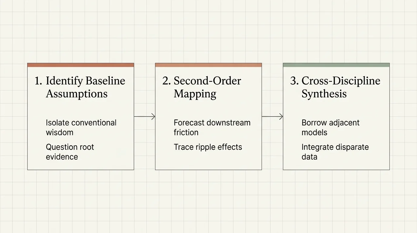 Three connected flowchart boxes outlining baseline assumptions, second-order mapping, and cross-discipline synthesis.