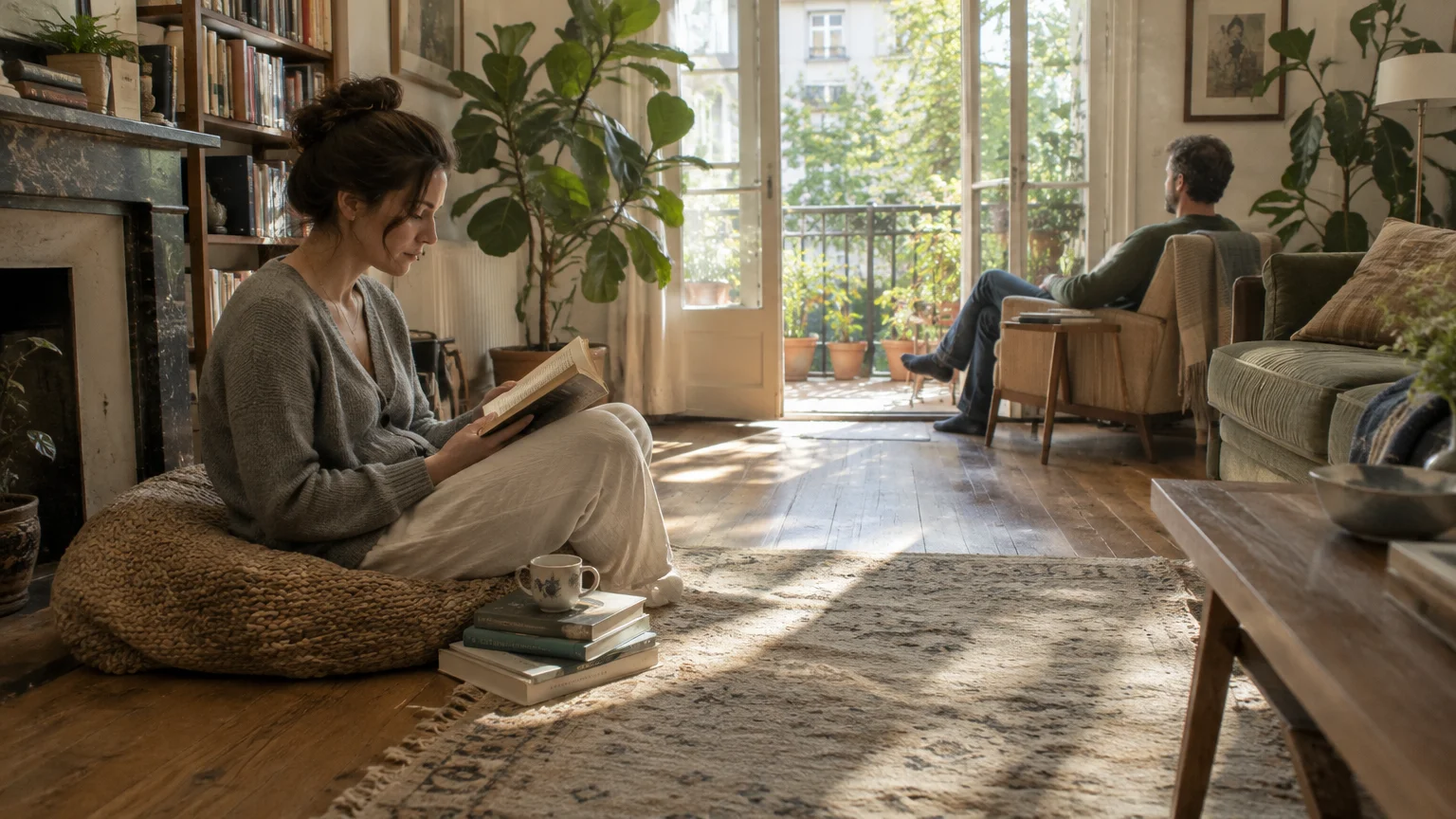 A woman reads a book on a floor cushion while a man sits in an armchair looking out a balcony in a sunlit apartment.