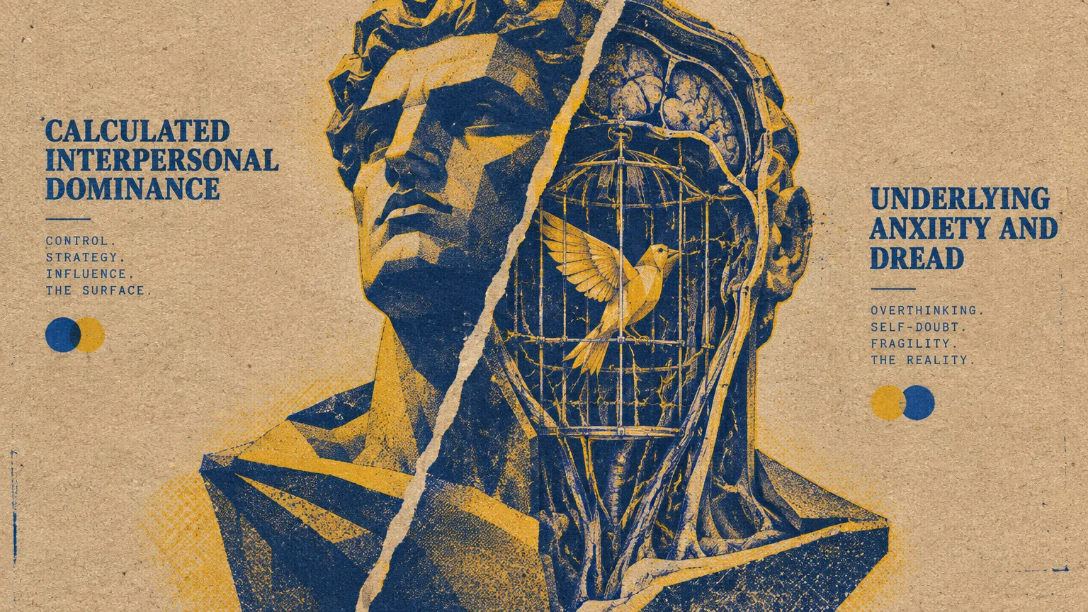 Split illustration of a classical bust revealing an anatomical head with a caged yellow bird inside.
