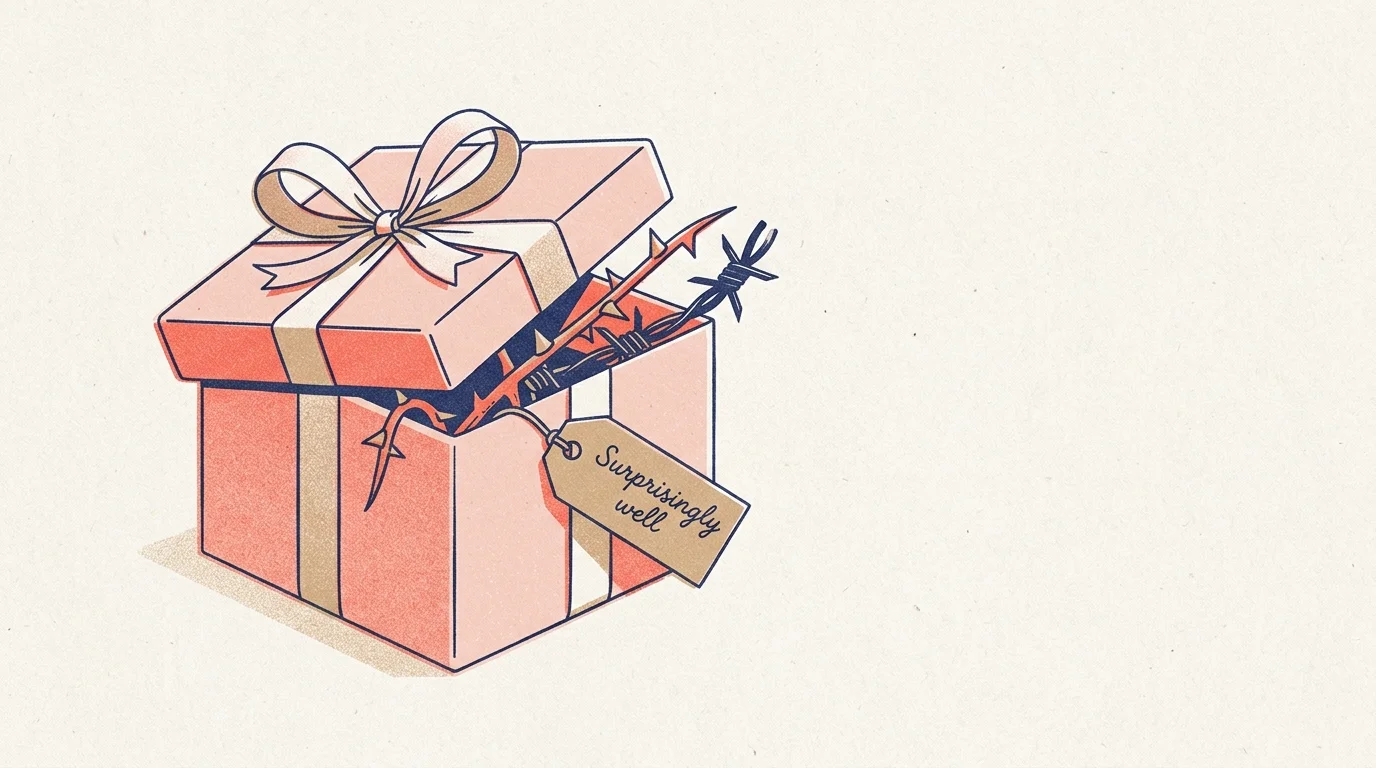 A pink gift box opens slightly to reveal barbed wire and thorns inside, bearing a tag that reads Surprisingly well.