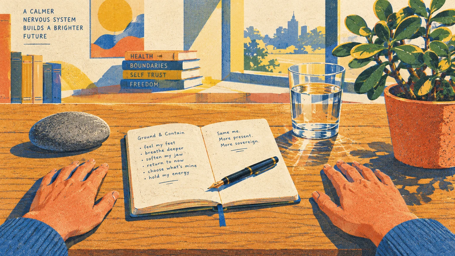 Hands rest on a wooden desk beside an open journal, a fountain pen, a glass of water, and a potted plant.