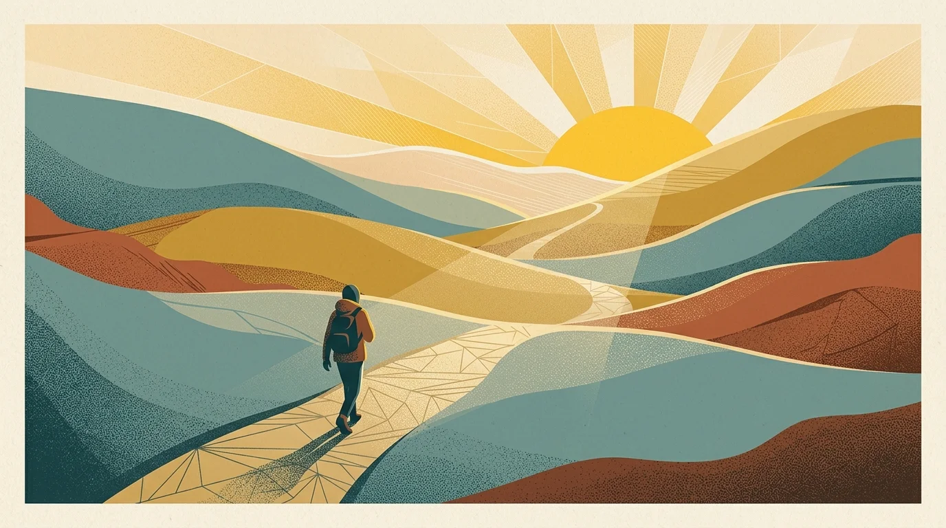 Stylized illustration of a person with a backpack walking along a winding path through rolling hills toward a bright sun.