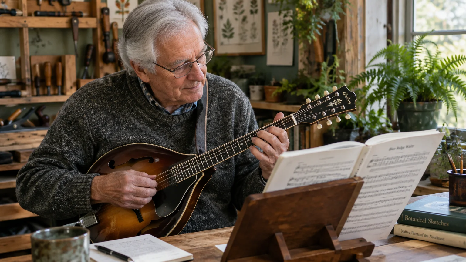 An older man wearing glasses plays a mandolin while reading sheet music on a wooden stand in a workshop.