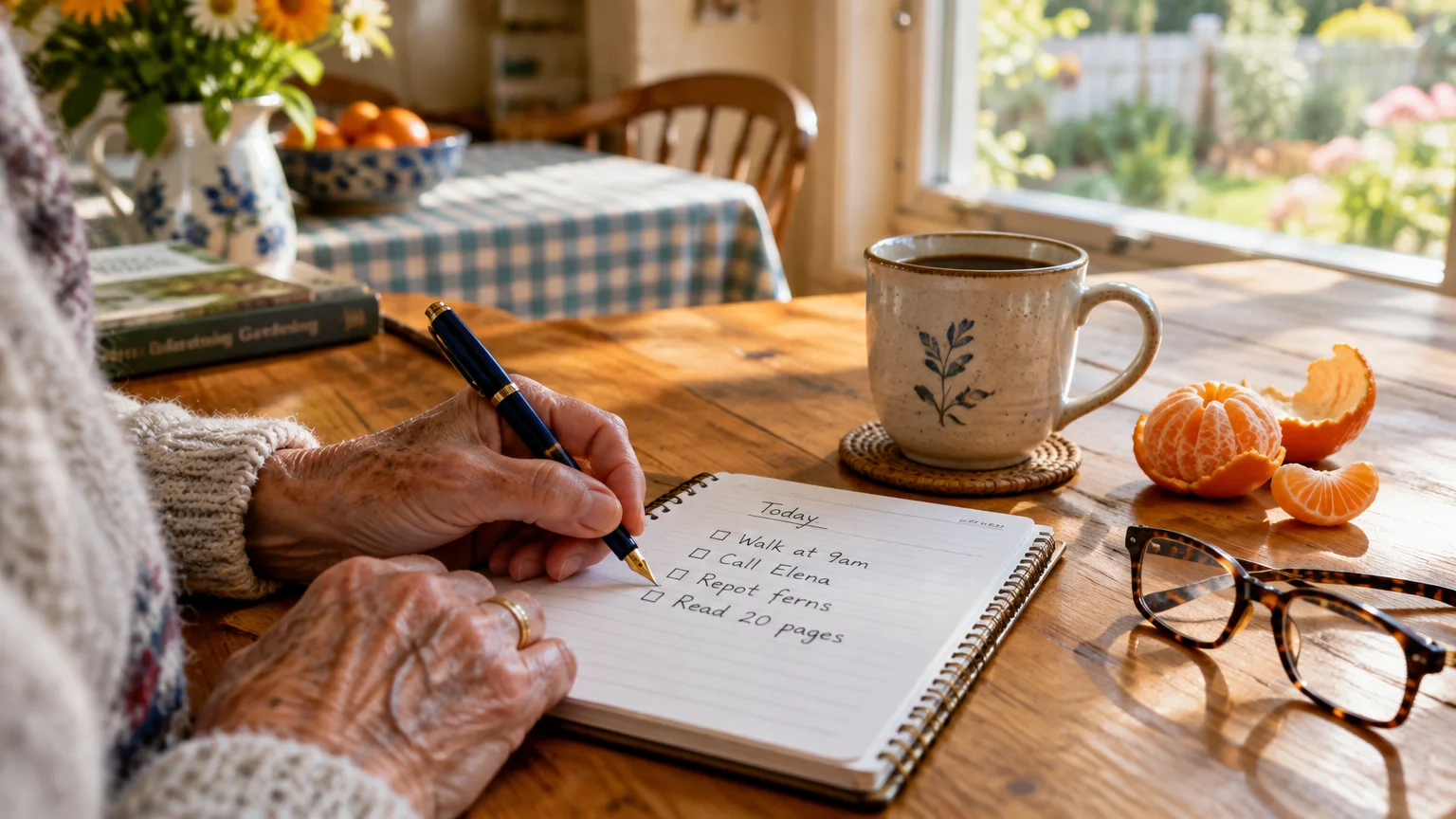 A senior's hand writing a daily to-do list in a notebook next to coffee, glasses, and a peeled mandarin.