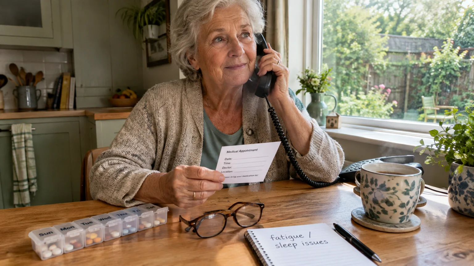 Senior woman talking on a landline phone at a kitchen table beside a pill organizer, glasses, and notepad.