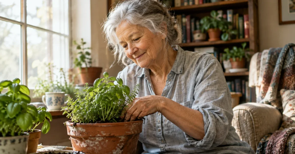 An older woman with gray hair smiling while tending to potted green herbs near a sunlit window.