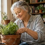An older woman with gray hair smiling while tending to potted green herbs near a sunlit window.