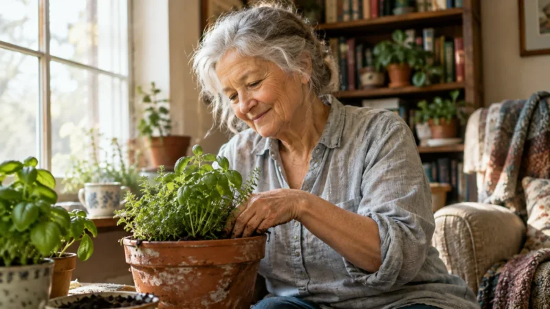 An older woman with gray hair smiling while tending to potted green herbs near a sunlit window.