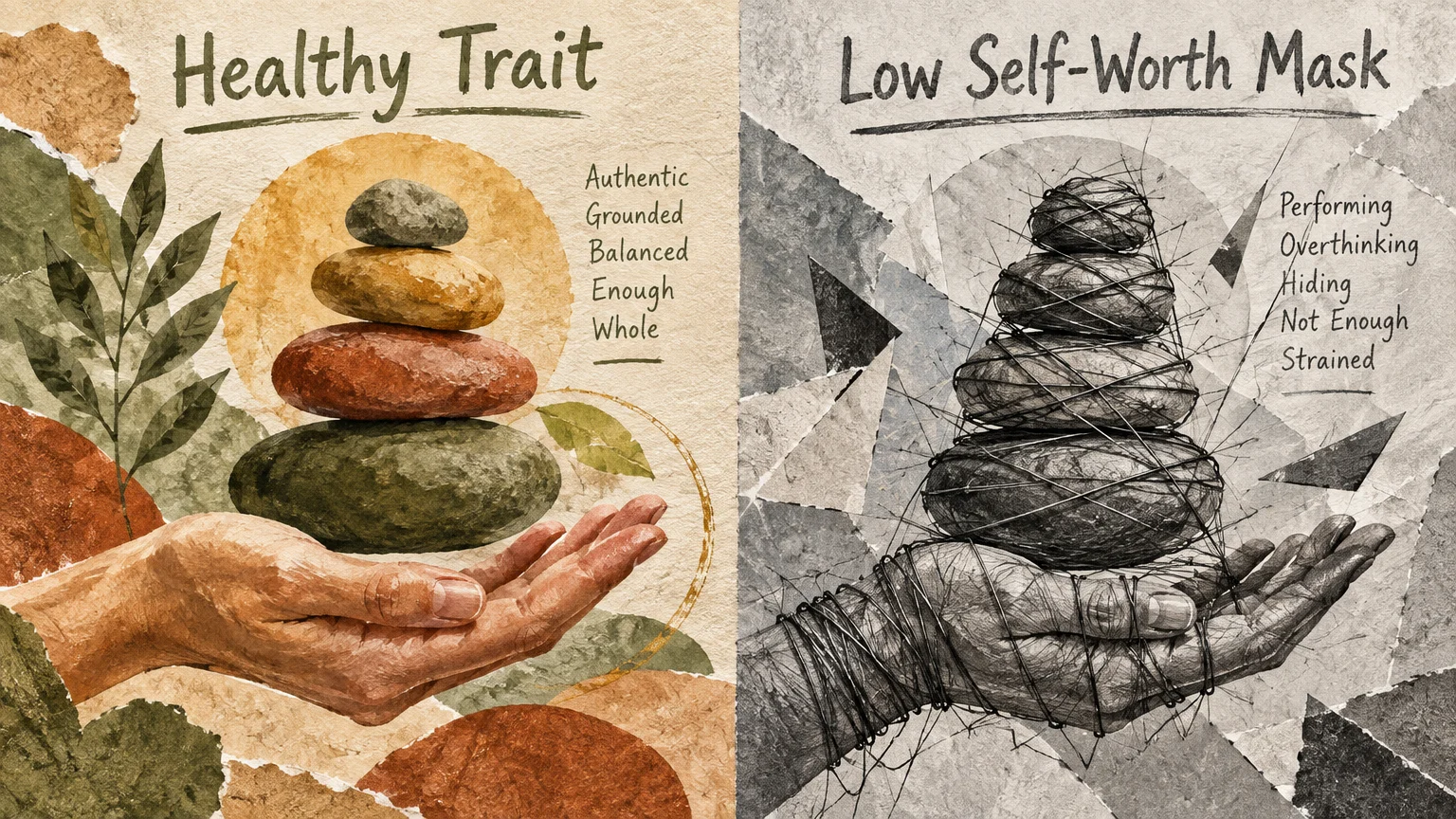 Split illustration contrasting a hand holding smooth balanced stones with a hand bound in wire holding tied stones.