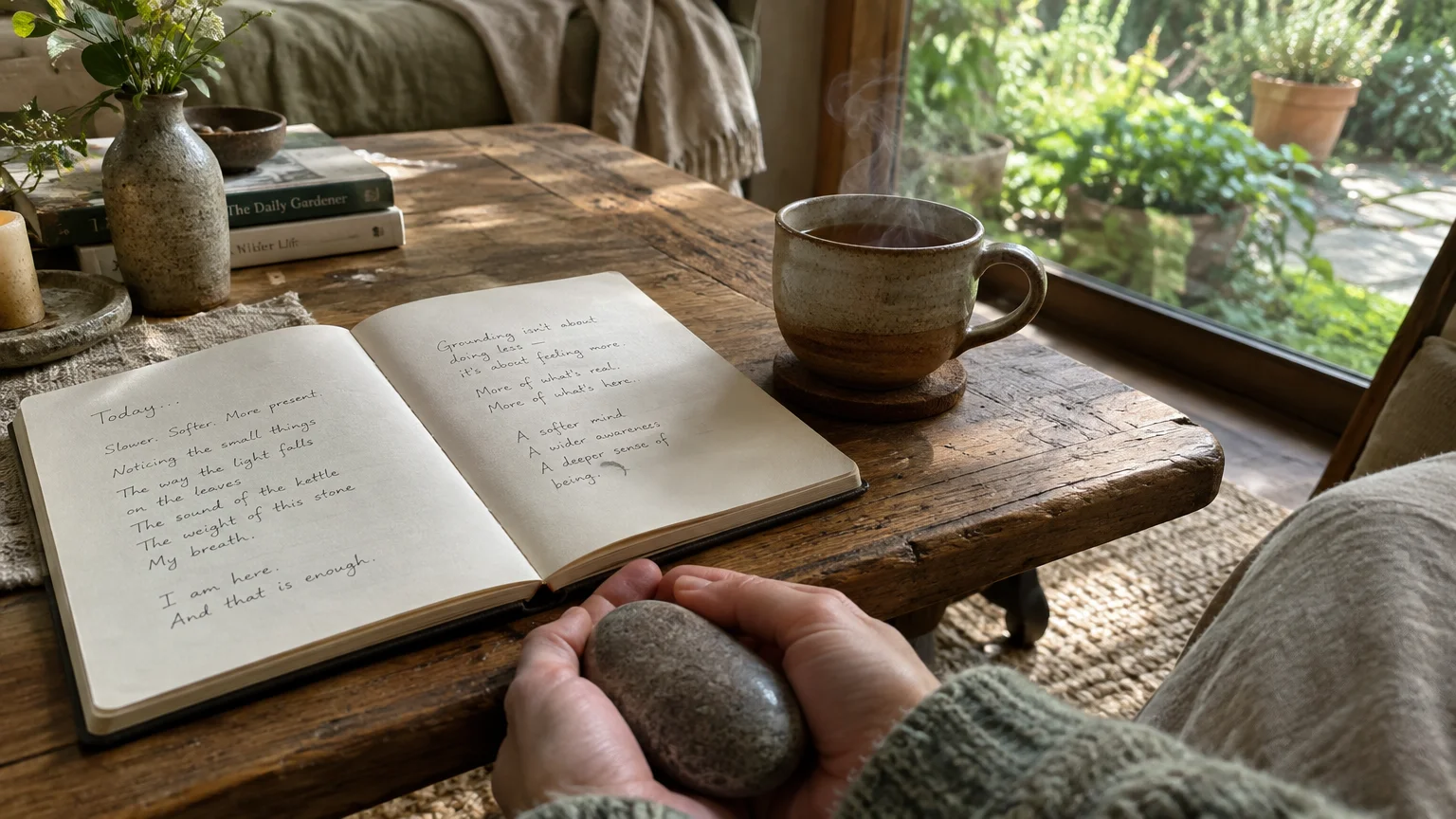 Hands holding a smooth stone on a rustic wooden table beside an open handwritten journal and a steaming ceramic mug.