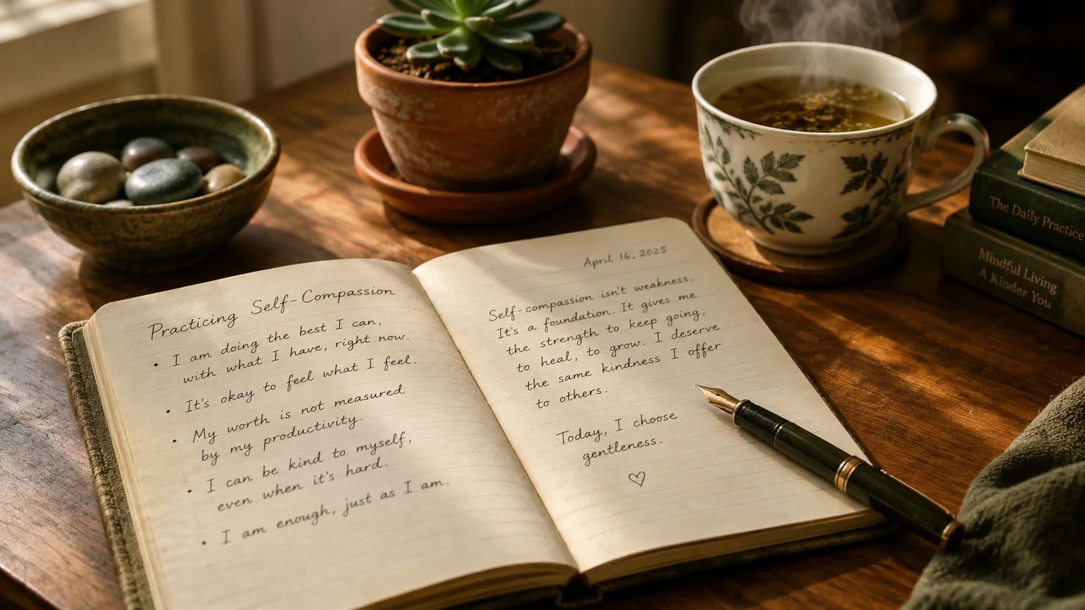 Open journal with handwritten notes beside a fountain pen, steaming teacup, and potted succulent on a wooden desk.