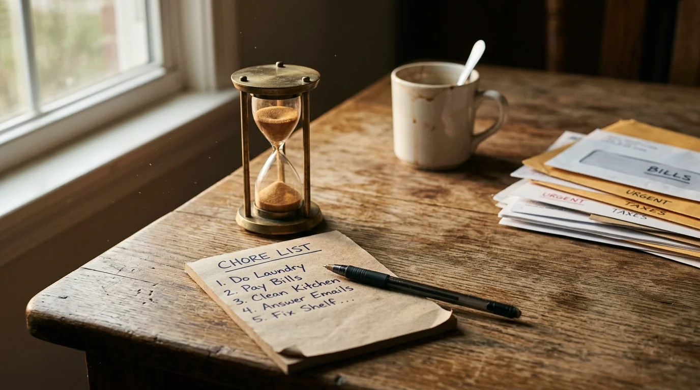 An hourglass, a chore list notepad with a pen, a coffee mug, and a stack of mail on a rustic wooden desk.