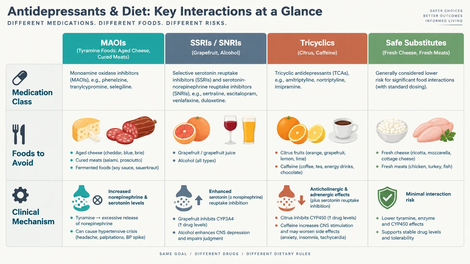 Chart detailing medication classes MAOIs, SSRIs, and Tricyclics alongside foods to avoid, clinical mechanisms, and safe substitutes.