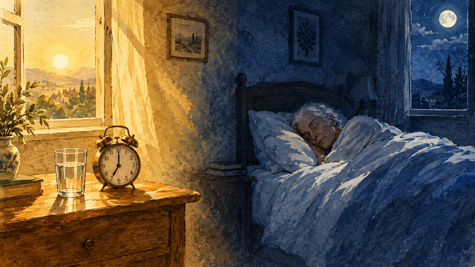 Split illustration of an alarm clock in morning sunlight next to an elderly person sleeping in bed at night.