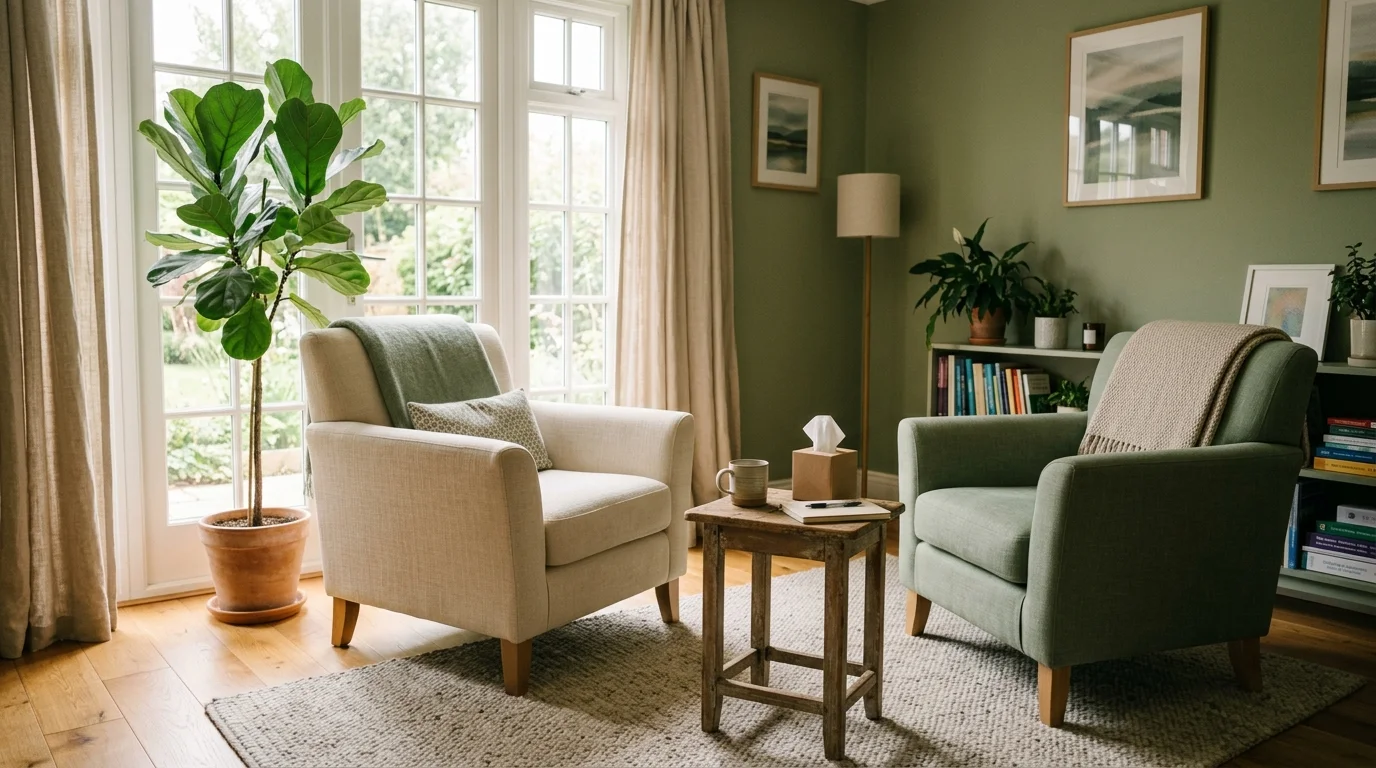 Two armchairs face a small wooden table with a tissue box and mug in a tranquil green therapy office.