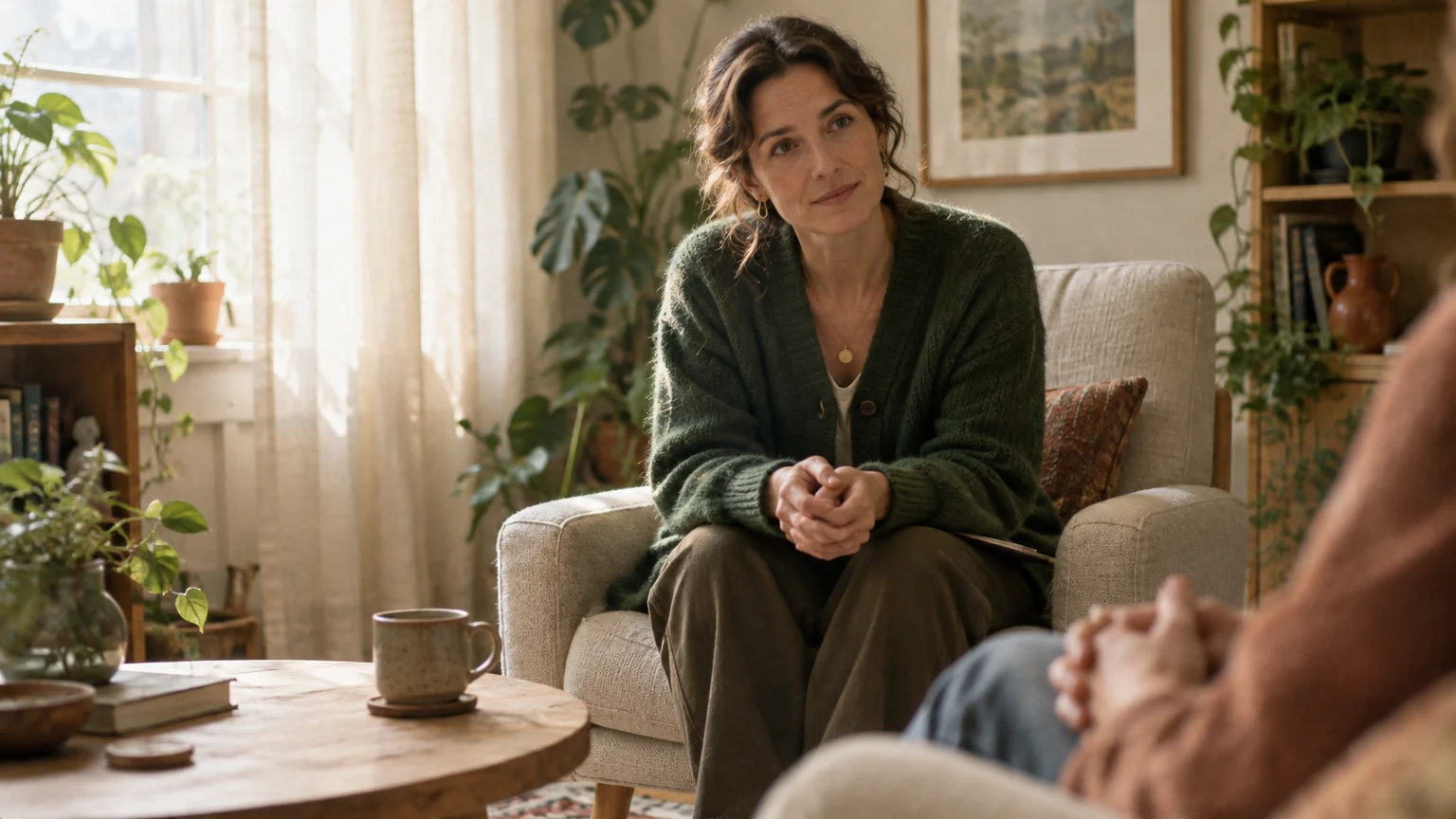 A woman in a green cardigan sits in an armchair opposite another person in a sunlit room filled with houseplants.