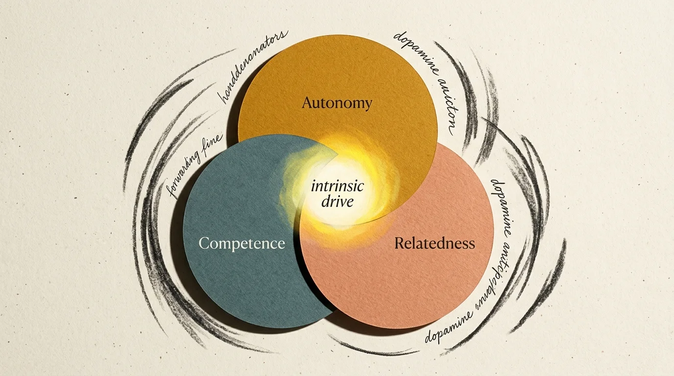 Three overlapping paper circles labeled Autonomy, Competence, and Relatedness surround a glowing intrinsic drive center.