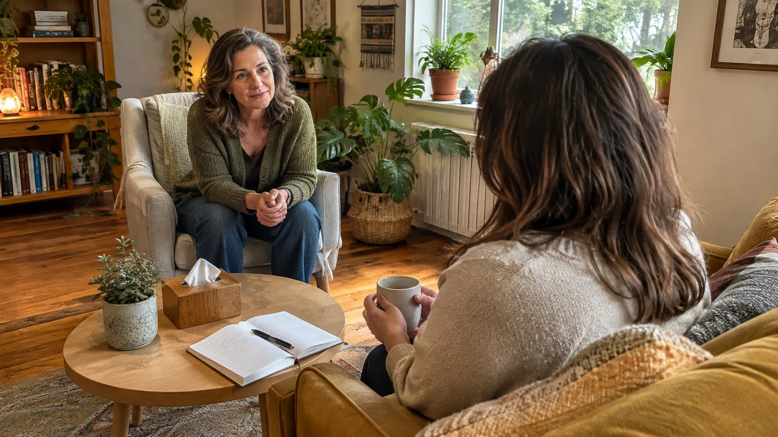 Therapist sitting in an armchair listens attentively to a client holding a mug during a counseling session.