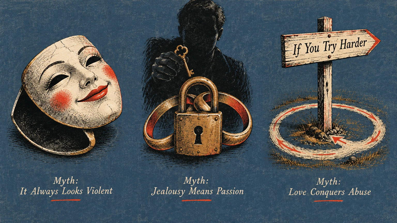 Three panels showing a cracked mask, locked rings with a shadowy figure, and a wooden signpost circled by arrows.