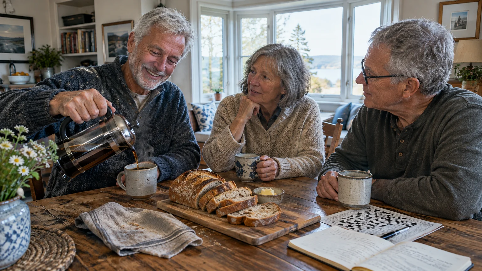 Three older adults sit together around a wooden dining table sharing coffee, bread, and a crossword puzzle.