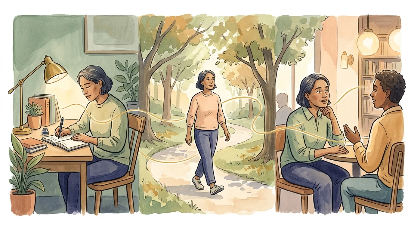 Watercolor triptych showing a woman journaling at a desk, walking on a park path, and conversing at a cafe table.