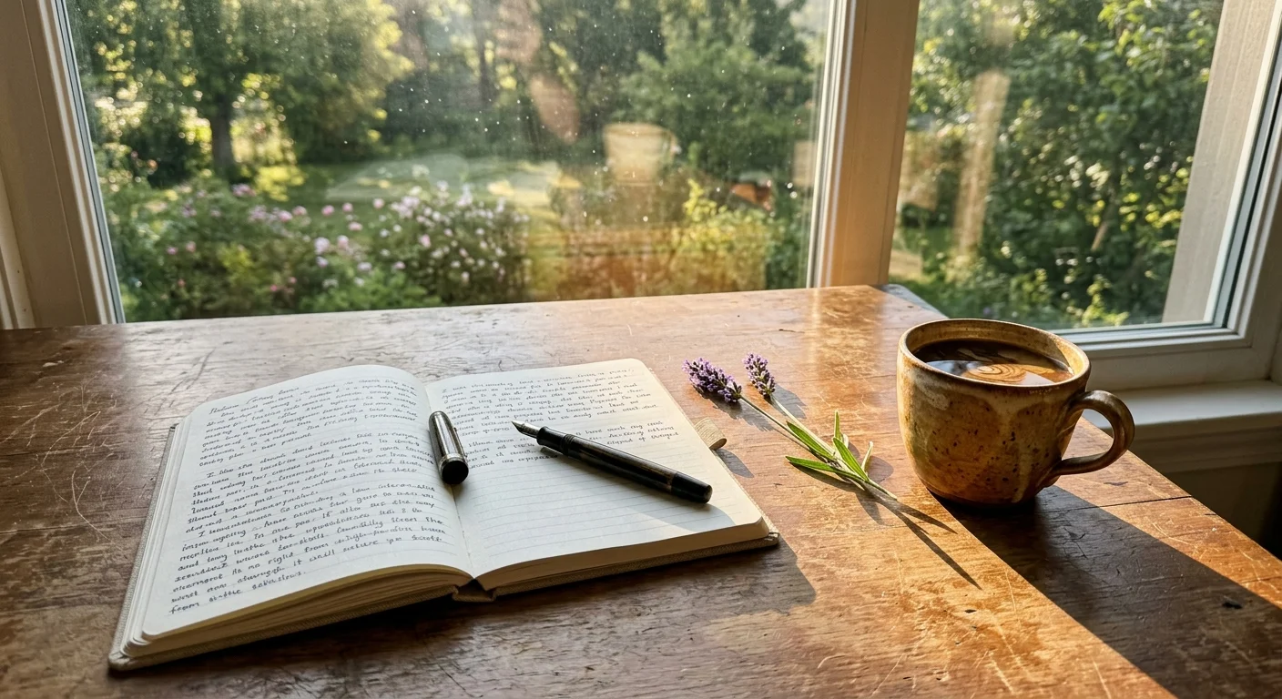 Open handwritten journal with a fountain pen, coffee cup, and lavender sprigs on a wooden table by a window.