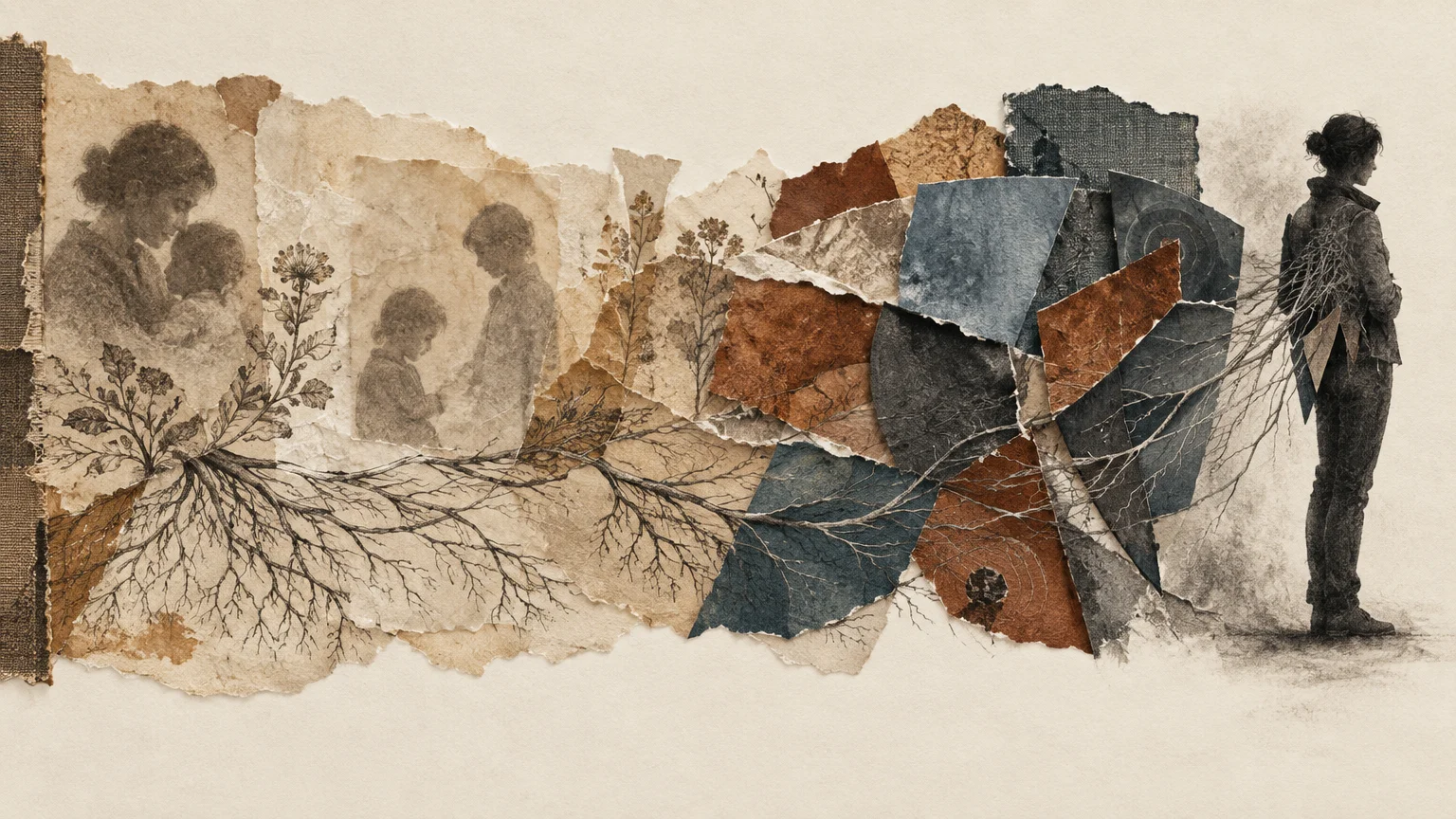 Paper collage showing torn childhood sketches and roots leading to a solitary woman figure.