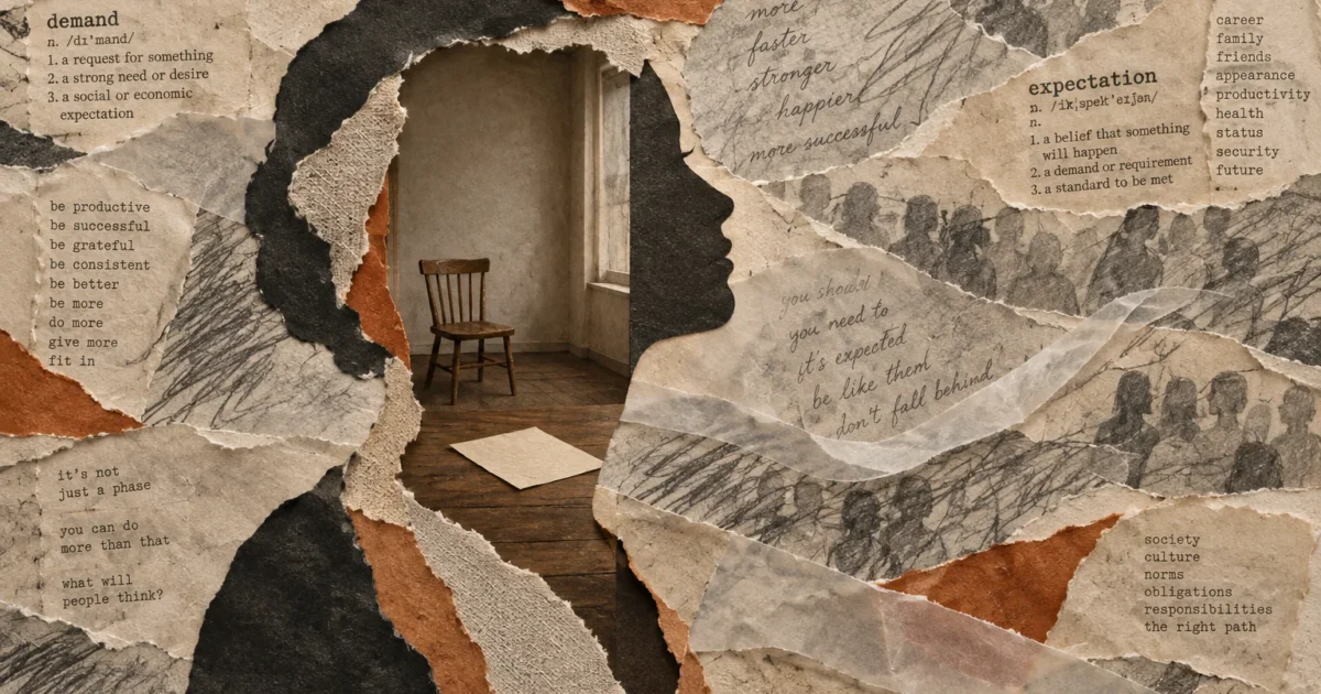 Torn paper collage forming a woman's silhouette that reveals an empty wooden room with a single chair.