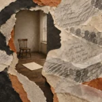 Torn paper collage forming a woman's silhouette that reveals an empty wooden room with a single chair.