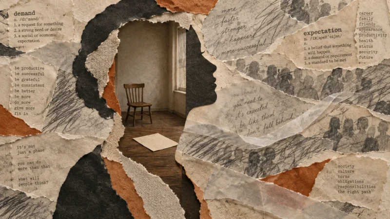 Torn paper collage forming a woman's silhouette that reveals an empty wooden room with a single chair.