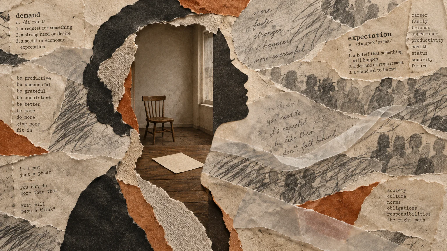 Torn paper collage forming a woman's silhouette that reveals an empty wooden room with a single chair.